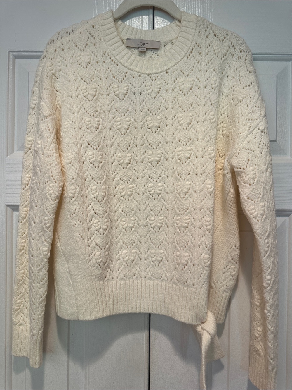 LOFT Cream Openwork Cable-Knit Crew Sweater with Side Tie size Small